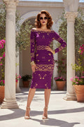 Purple gold off-shoulder midi dress from Angelic Blessings Shop worn with gold heels in outdoor setting