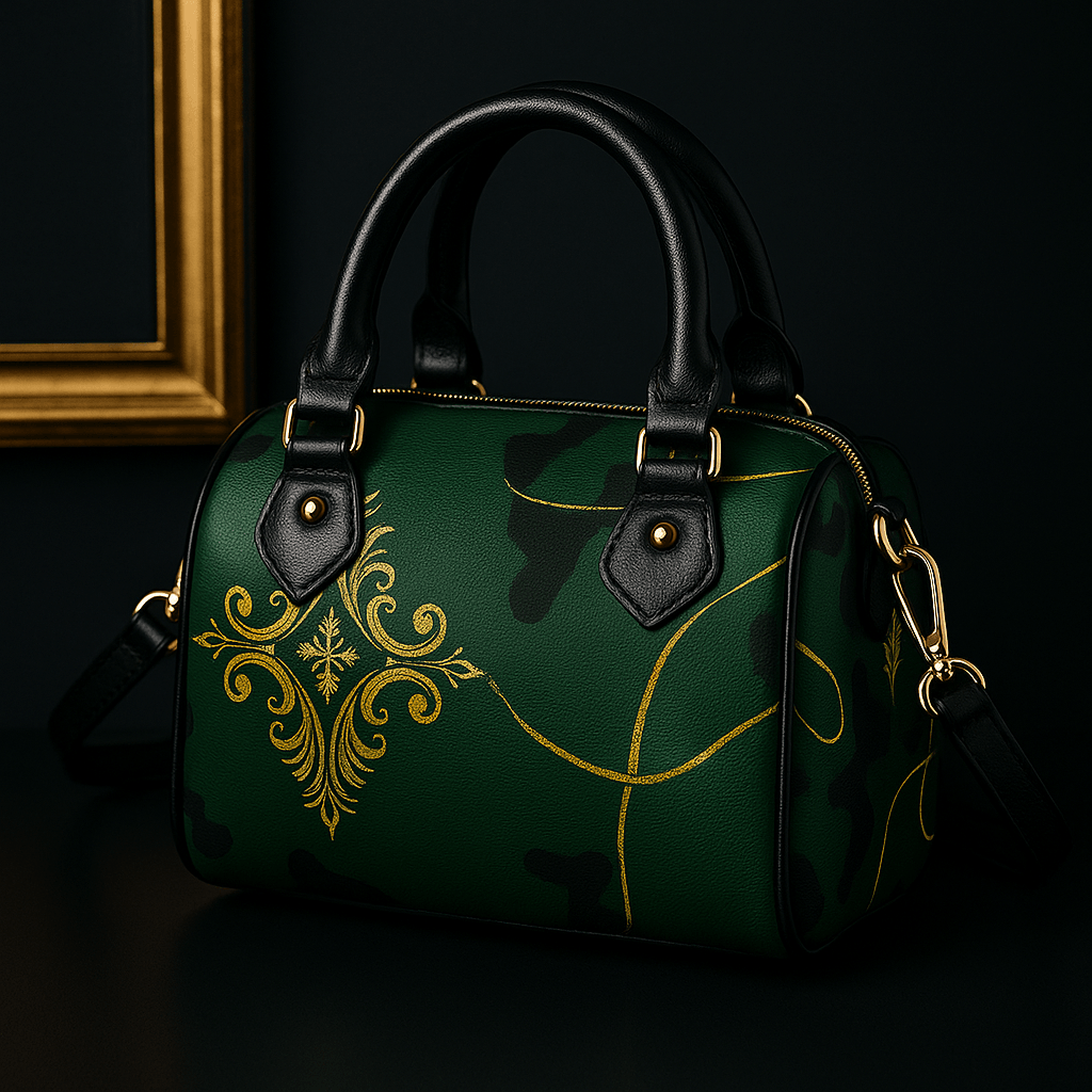 Camo Baroque Gold Military leather crossbody mini bag with elegant outfit and evening style