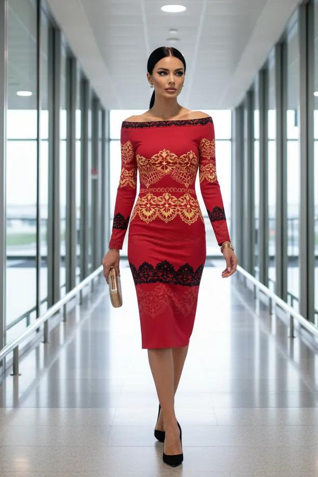 Red black bodycon dress elegant evening outfit with intricate gold and black lace details