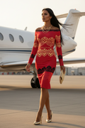 Red Black Bodycon Dress Elegant Evening Outfit with Gold Patterns and Long Sleeves