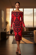Elegant Red and Black Patterned Bodycon Dress Evening Outfit Stylish and Sophisticated