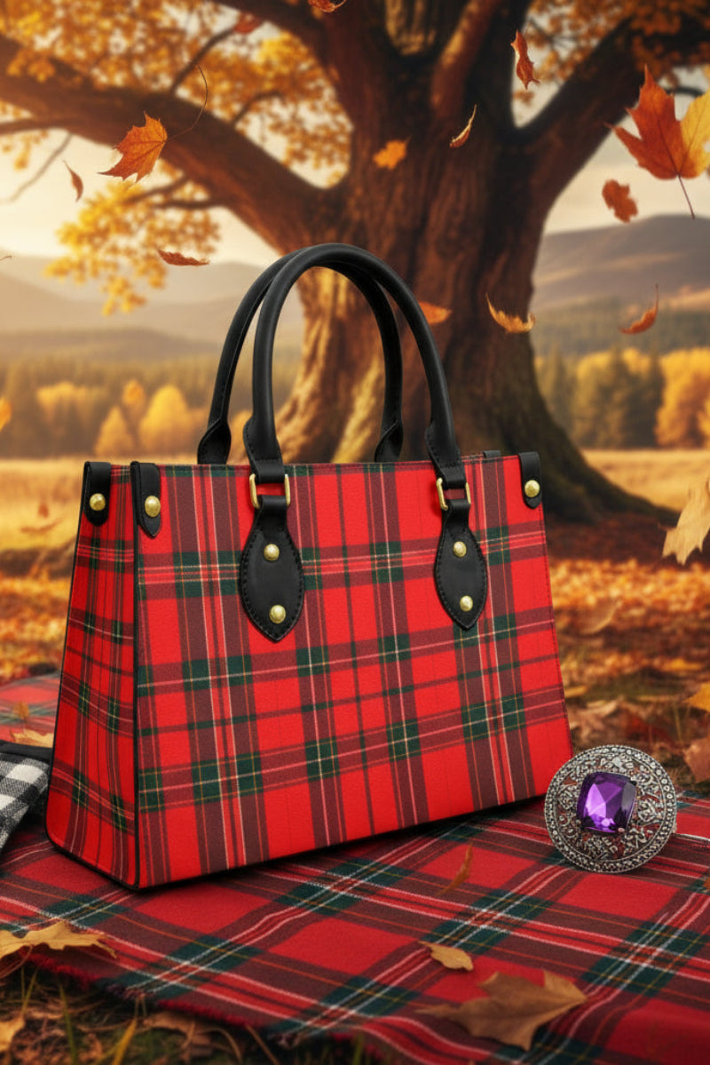 Scottish red tartan handbag with black leather handles
