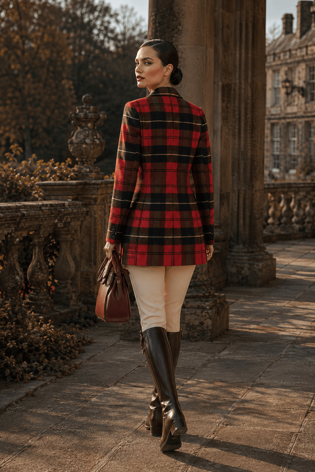 Red Tartan Womens Plaid Jacket Elegant Outfit with Boots and Handbag