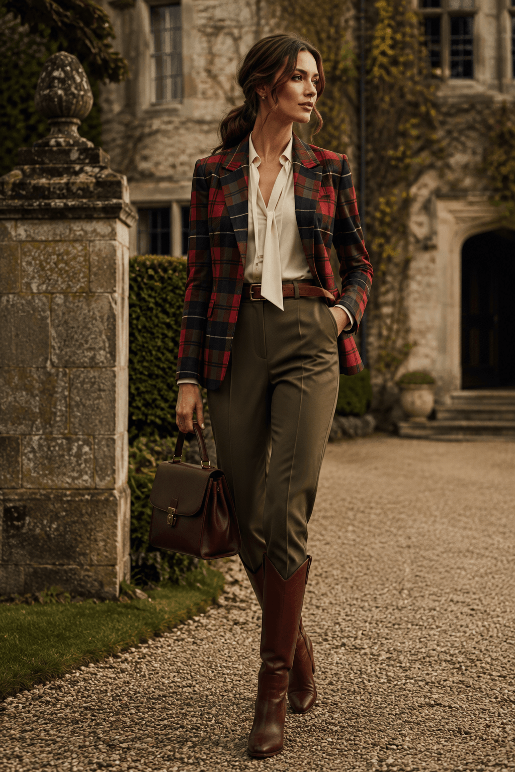 Red Tartan womens plaid jacket elegant outfit with brown boots and olive pants
