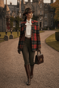 Red Tartan Womens Plaid Jacket Elegant Evening Outfit with Boots and Hat