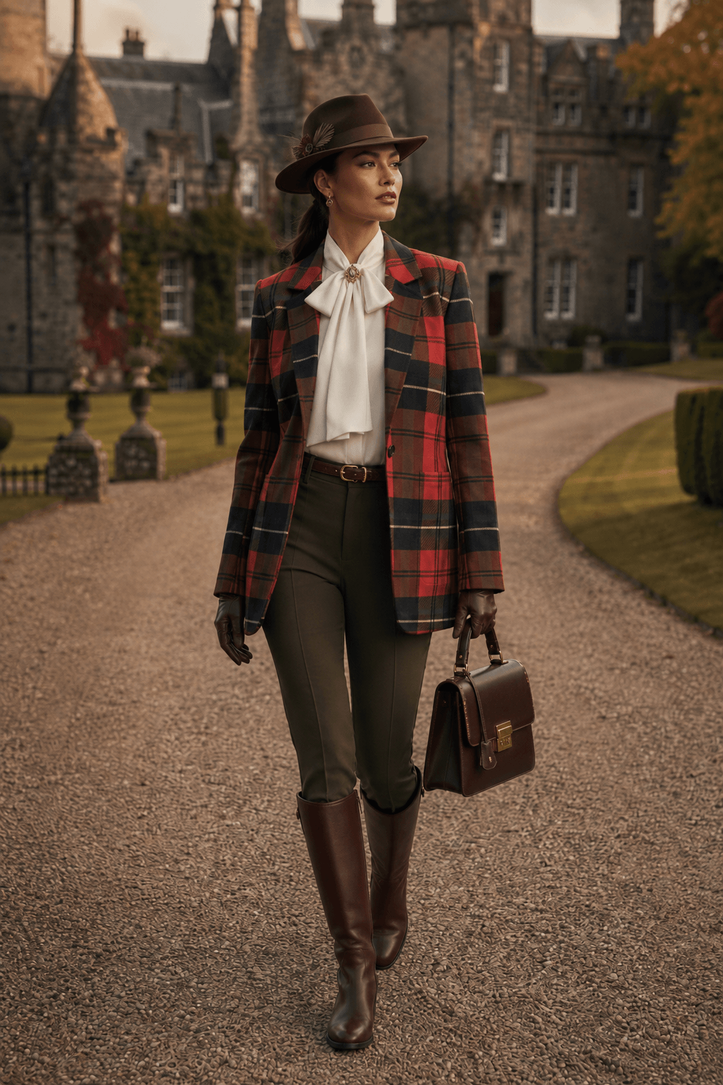 Red Tartan Womens Plaid Jacket Elegant Evening Outfit with Boots and Hat