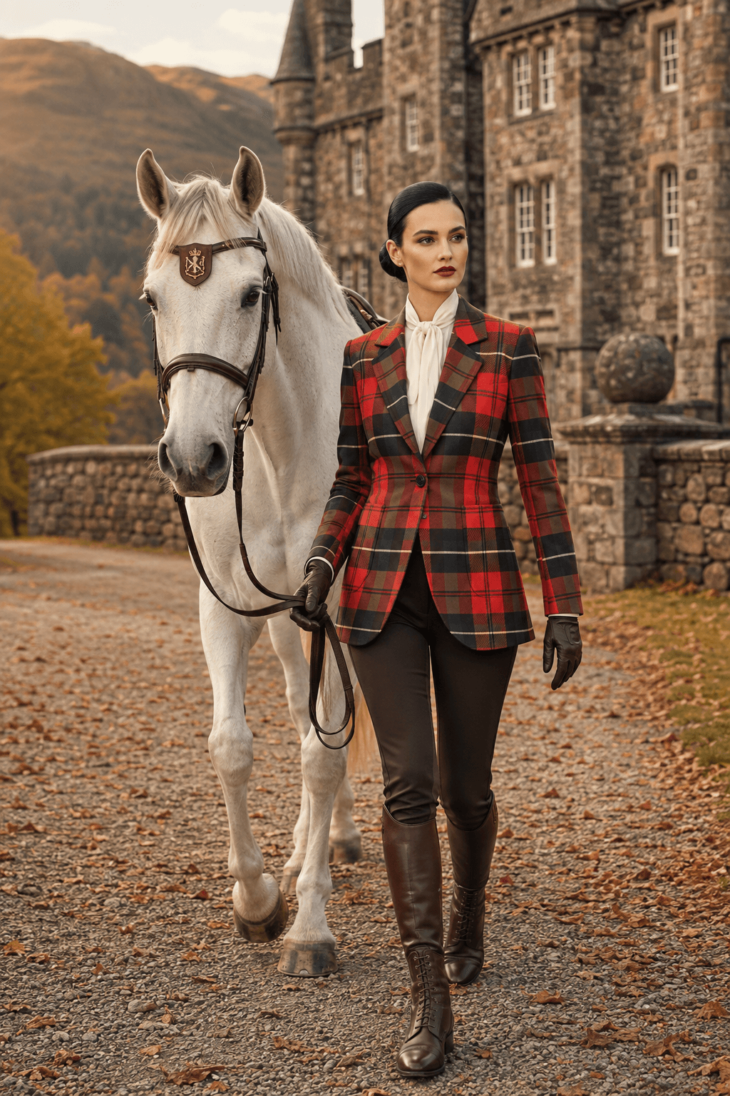 Red Tartan womens plaid jacket elegant outfit with brown boots and gloves