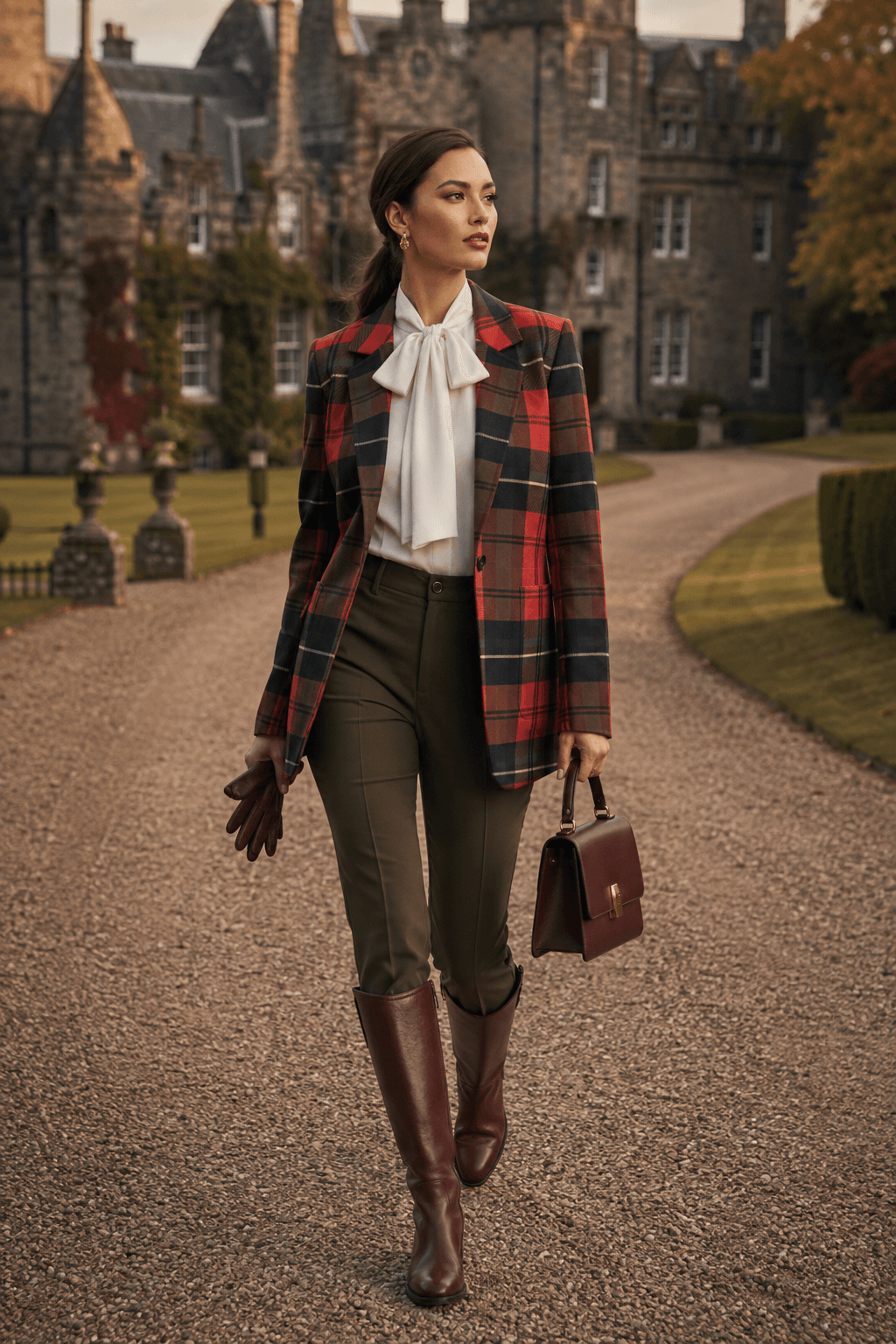 Red Tartan womens plaid jacket with elegant outfit for evening and stylish fall look