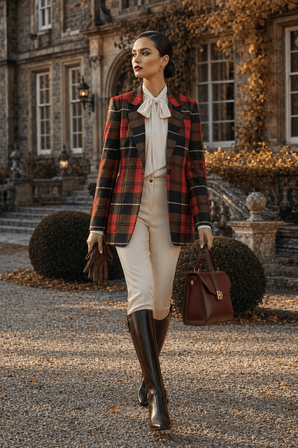 Red Tartan womens plaid jacket with elegant outfit for evening and stylish wear