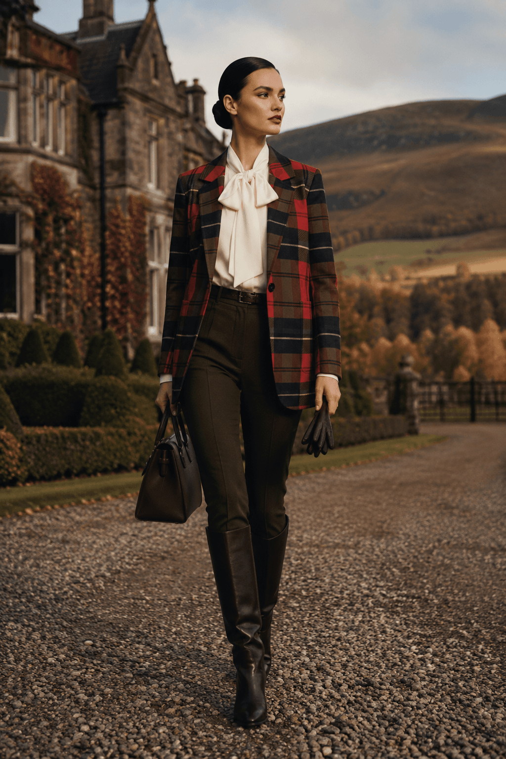 Red Tartan Womens Plaid Jacket Elegant Evening Outfit with Brown Boots