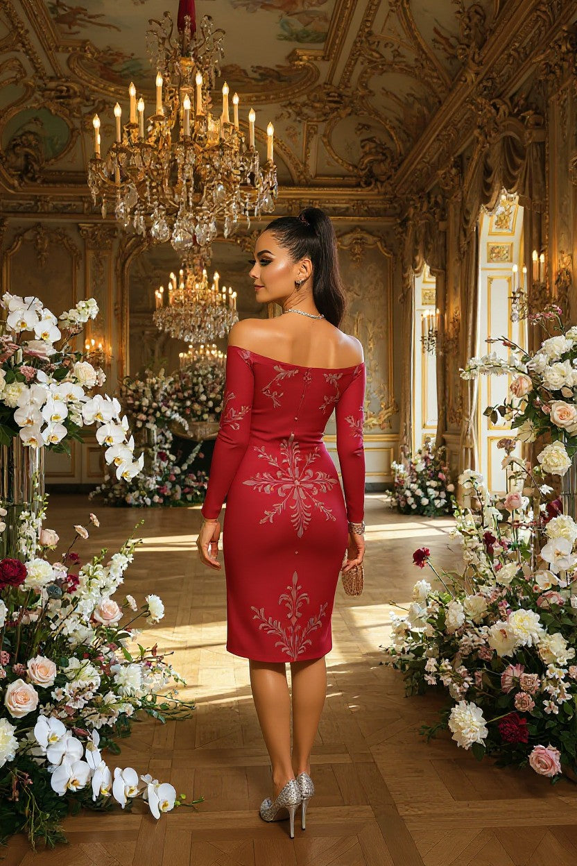 Rose Baroque Women's Off-The-Shoulder midi dress in red worn by model in luxurious floral room
