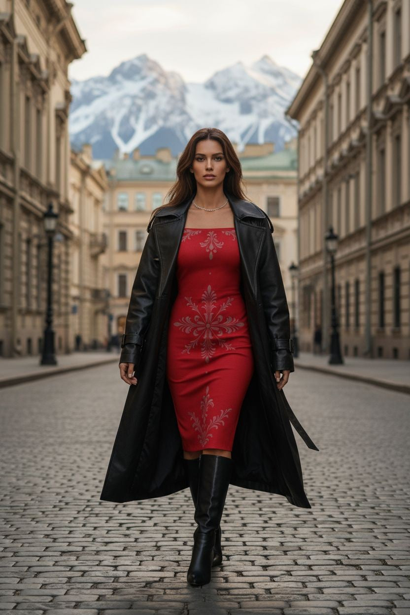 Rose Baroque Women's Off-The-Shoulder midi dress in red with floral patterns styled with black long coat and boots