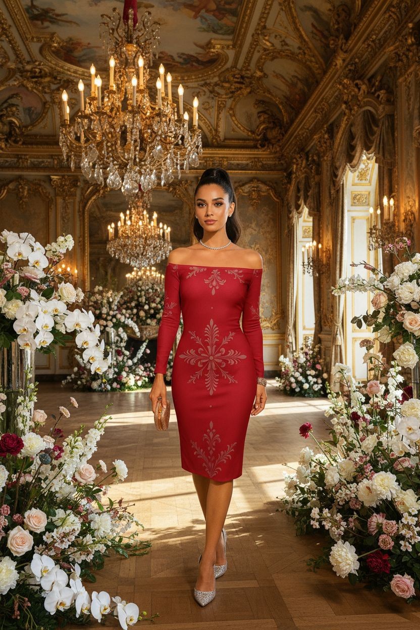 Rose Baroque Women's Off-The-Shoulder midi dress in red worn by a model in a luxurious floral and chandelier setting