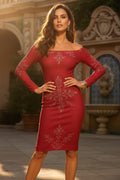 Rose Baroque Women's Off-The-Shoulder midi dress in red with elegant floral patterns by Angelic Blessings Shop