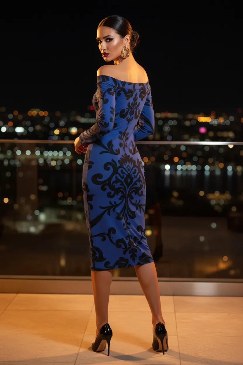 Royal Blue Black Baroque Off-Shoulder Wrap Dress Elegant Evening Outfit