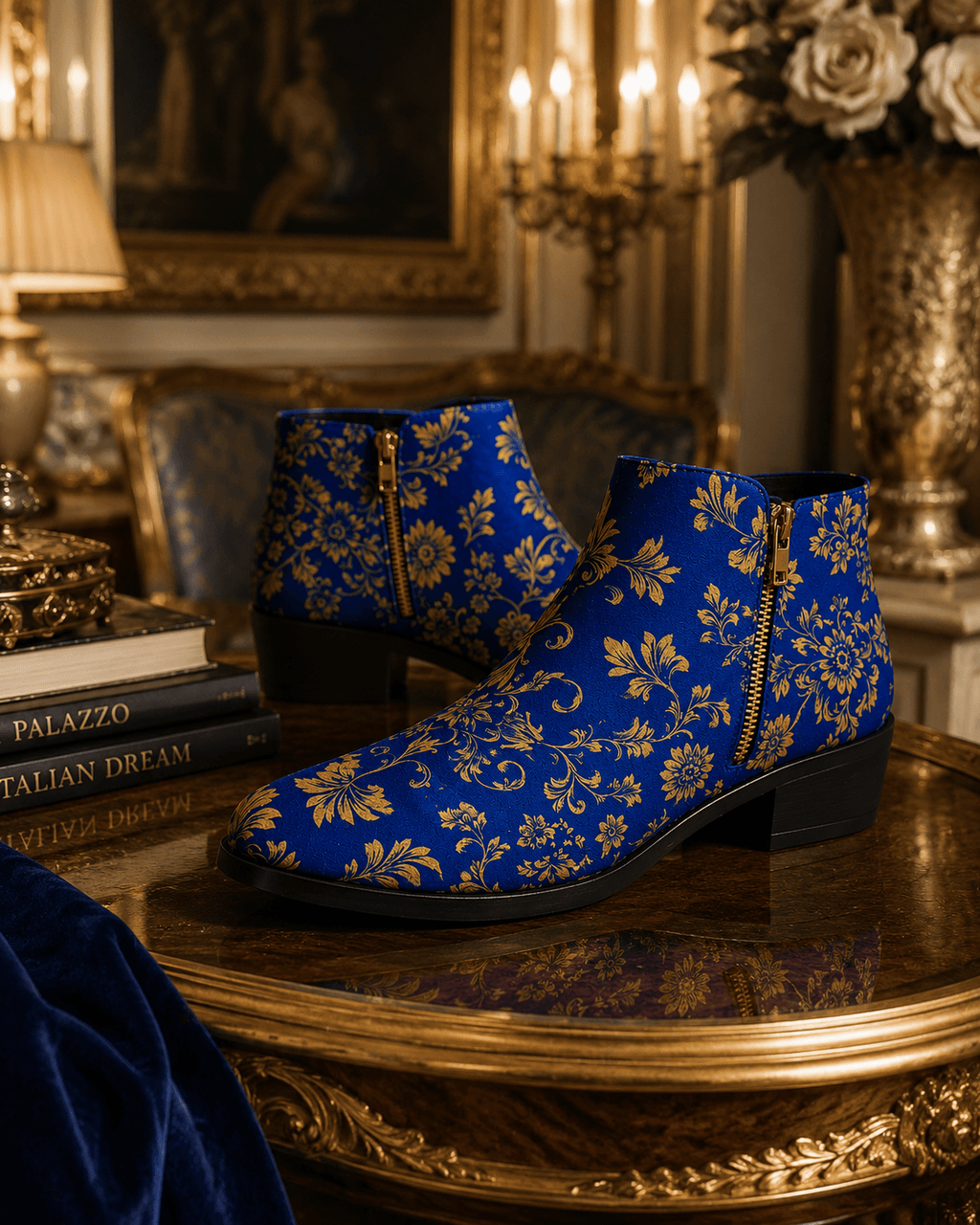 Royal Blue Gold Baroque Ornamets ankle fashion boots elegant evening outfit shoes