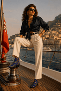 Royal Blue Gold Baroque Ornamets ankle fashion boots with elegant evening outfit on yacht