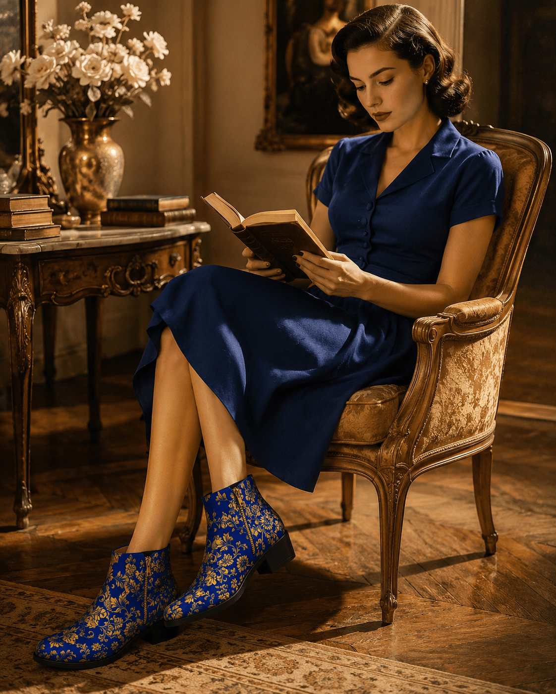 Royal Blue Gold Baroque Ornamets ankle fashion boots with elegant evening outfit
