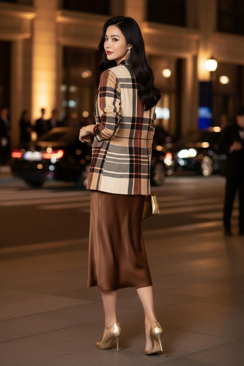 Saddle Brown tartan blazer outfit women minimalist classy style evening elegant look
