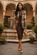 Saddle Brown tartan blazer outfit women minimalist classy style- elegant evening look