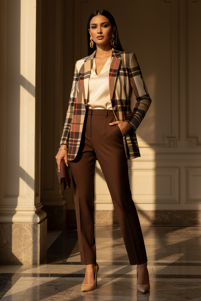 Saddle Brown tartan blazer outfit women classy style elegant evening look