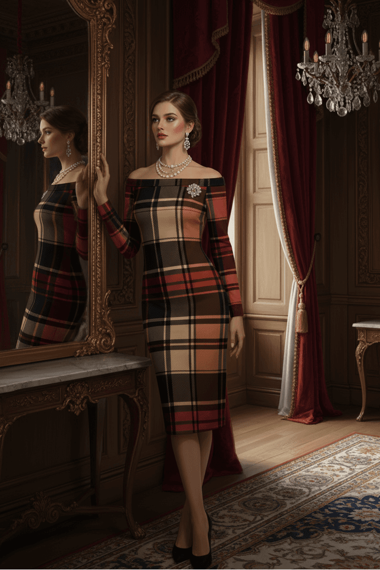 Woman wearing Scottish tartan off shoulder dress standing by ornate mirror in elegant room