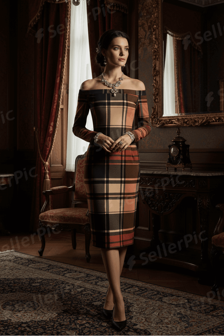 Woman wearing Scottish tartan off shoulder dress in elegant room with vintage decor