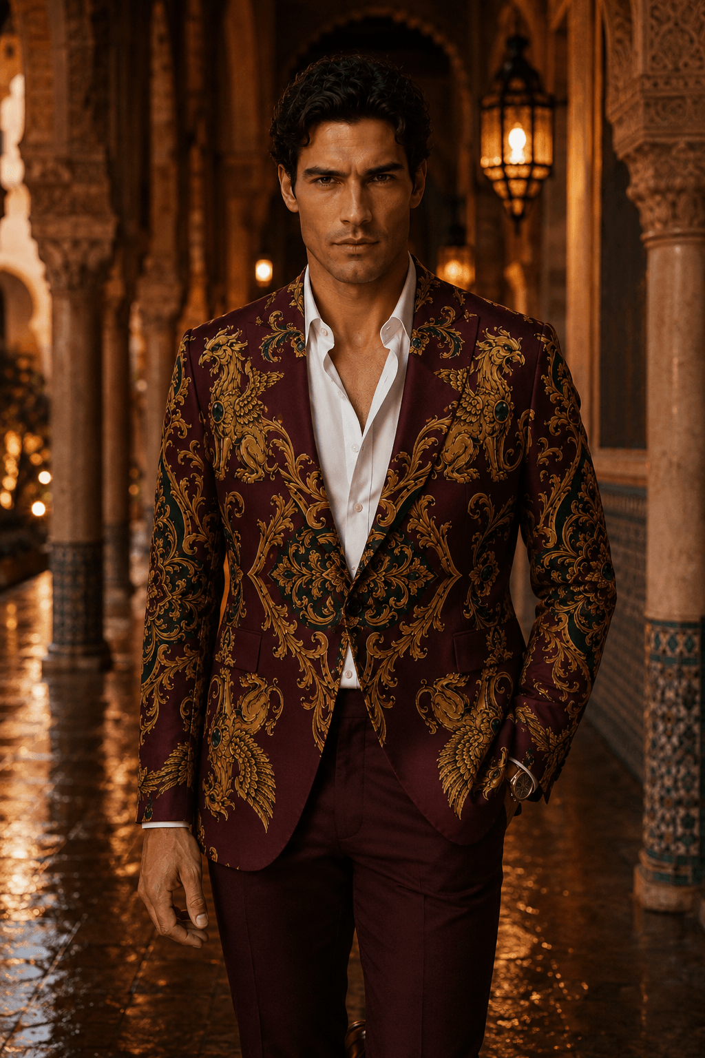A luxury mens statement jacket in deep wine-red with sculptural antique gold ornament and emerald accents, styled for contemporary heritage menswear.