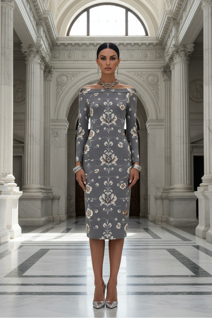 Silver Baroque Floral Off-Shoulder bodycon midi dress elegant evening outfit sophisticated style