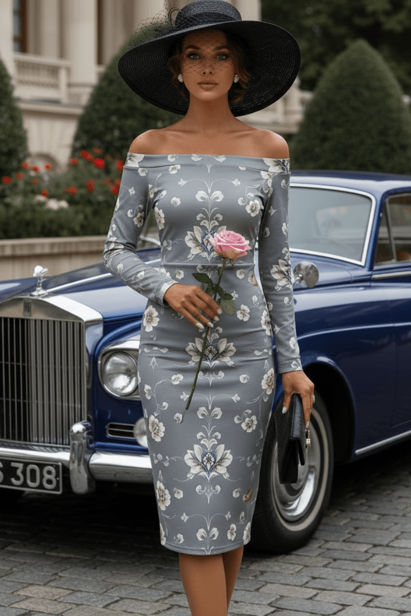 Silver Baroque Floral Off-Shoulder bodycon midi dress elegant evening outfit look