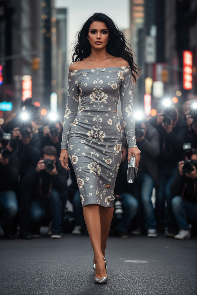 Silver Baroque Floral Off-Shoulder bodycon midi dress Elegant Evening Outfit