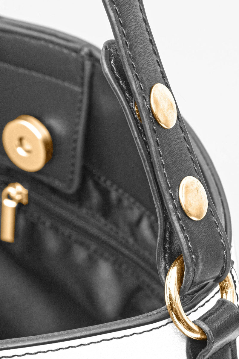 Close-up of black and white silver floral baroque bucket bag strap and gold hardware from Angelic Blessings Shop