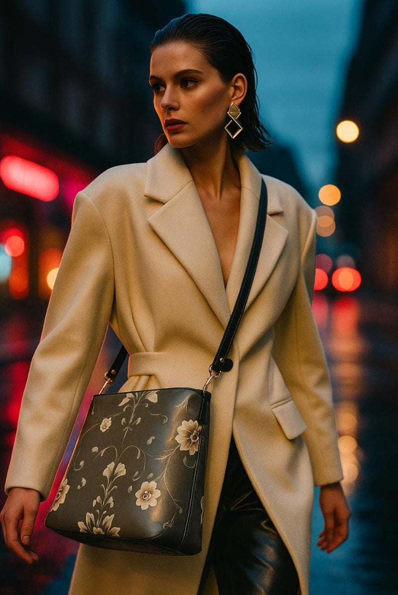 Woman wearing beige coat carrying silver floral baroque bucket bag on city street at night