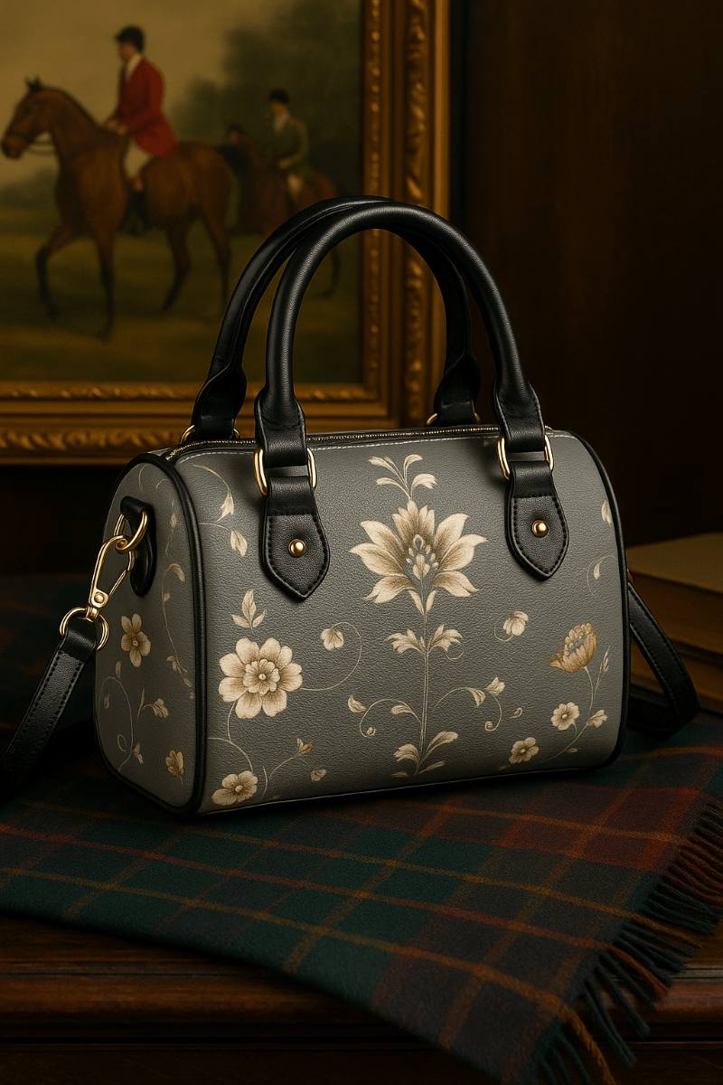 Angelic Blessings Shop silver floral baroque Crossbody satchel handbag with black handles and floral design
