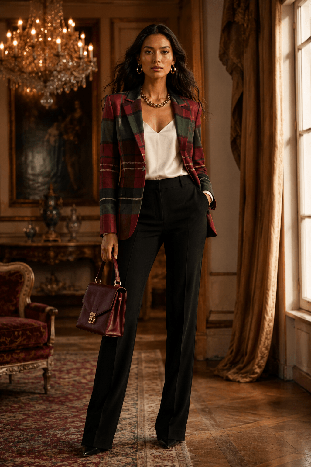 Front view of a premium size-inclusive tartan blazer for women, showcasing tailored structure in size 5XL.