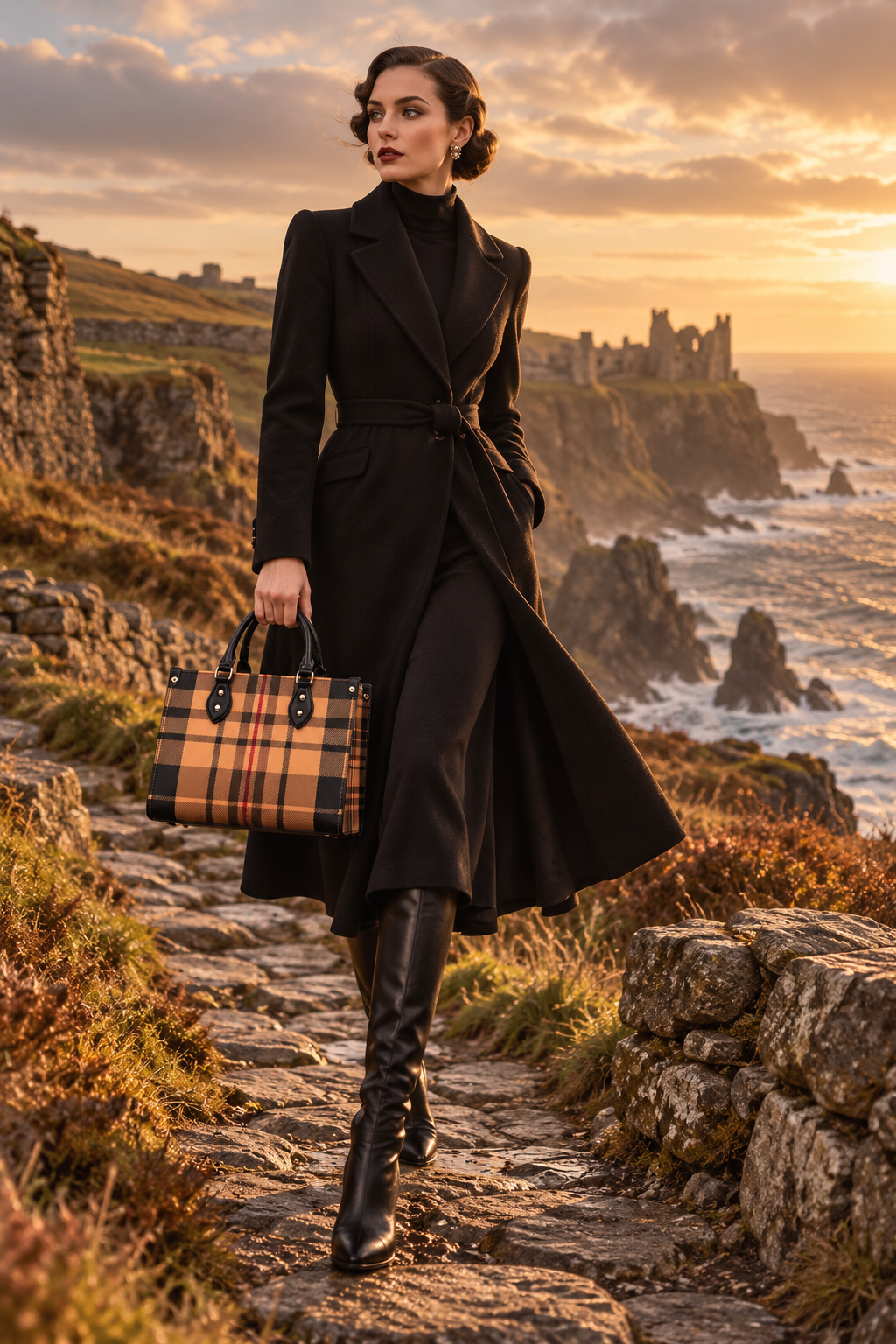 Skara Brae Scottish Tartan Plaid Handbag purse crossbody with elegant evening outfit and tall black boots