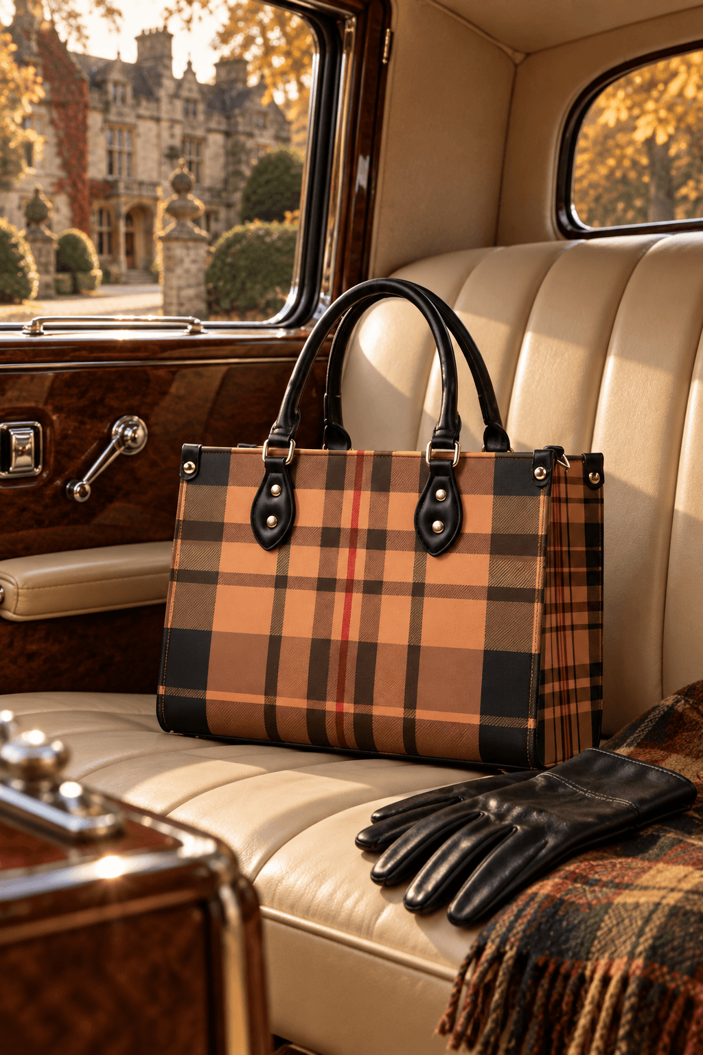 Skara Brae Scottish Tartan Plaid Handbag purse crossbody with elegant outfit for evening events