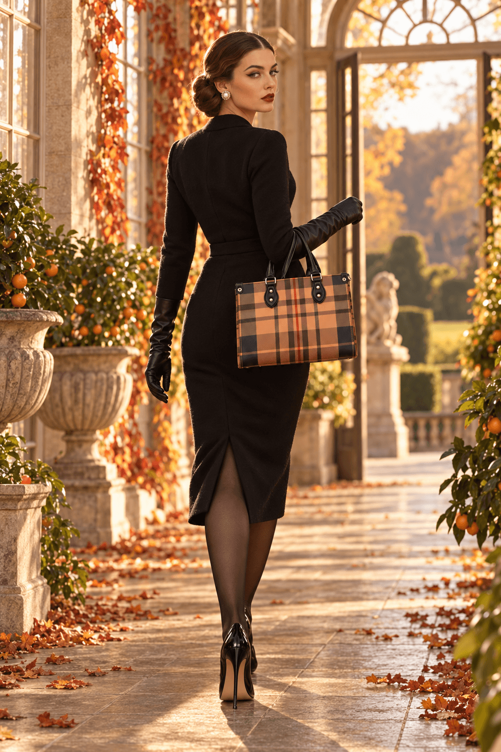 Skara Brae Scottish Tartan Plaid Handbag purse crossbody with elegant outfit for evening