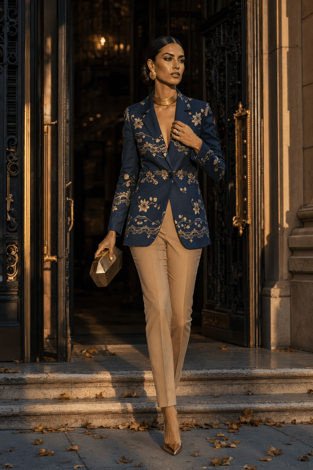 A woman walks out of an elegant building doorway wearing a navy blue blazer with gold floral embroidery, beige trousers, and nude heels, holding a metallic clutch.