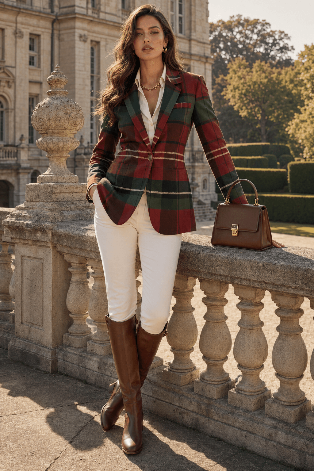 Flat lay of a burgundy and green check blazer with a sustainable slow fashion brand label, emphasizing high-quality rzemiosło.