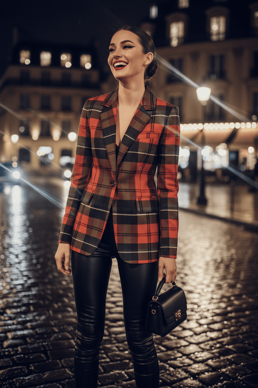 Old-money outfit featuring a women’s red tartan blazer paired with tailored trousers.