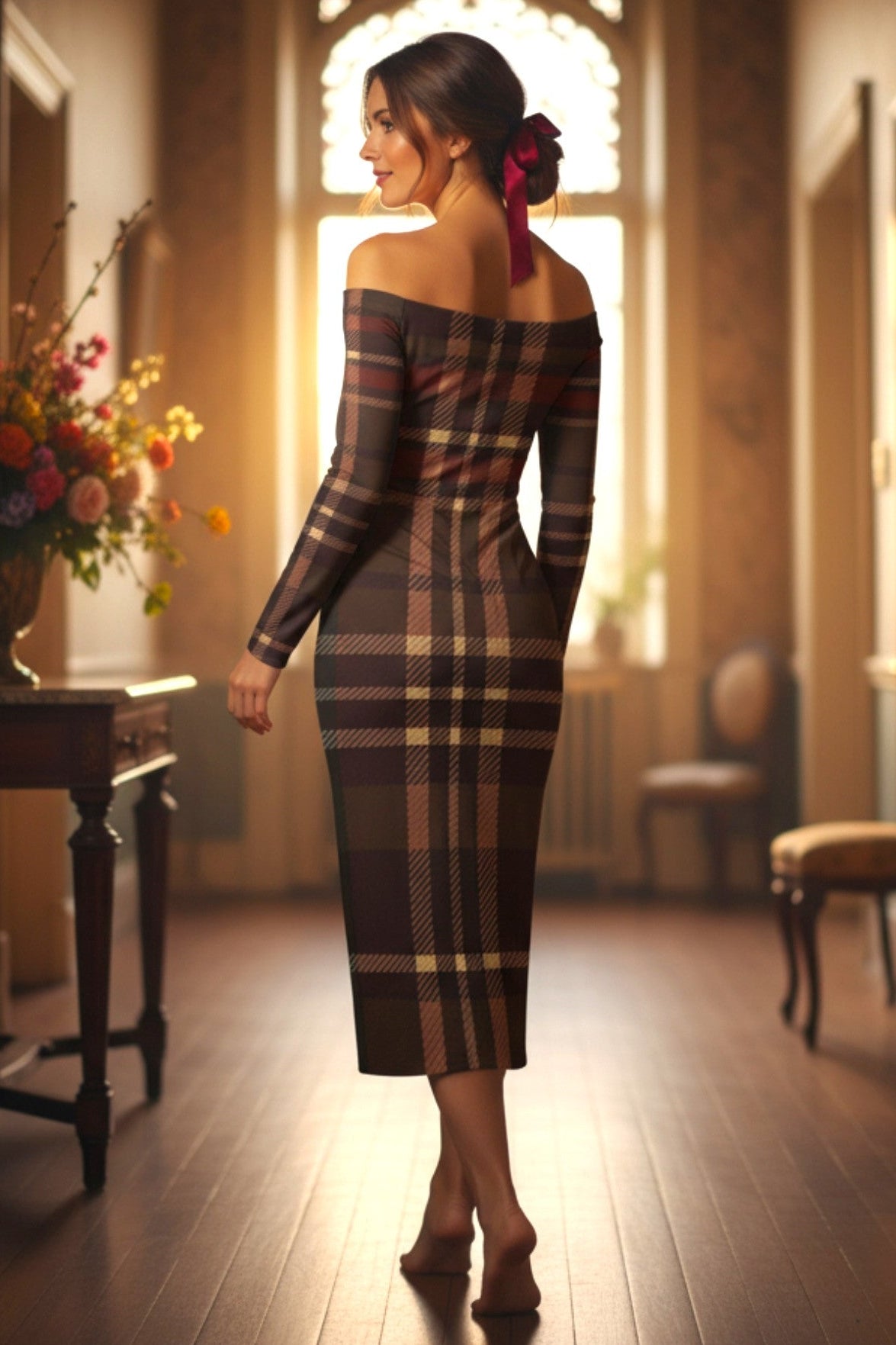 Full-length view of tartan off-shoulder bodycon dress with long sleeves