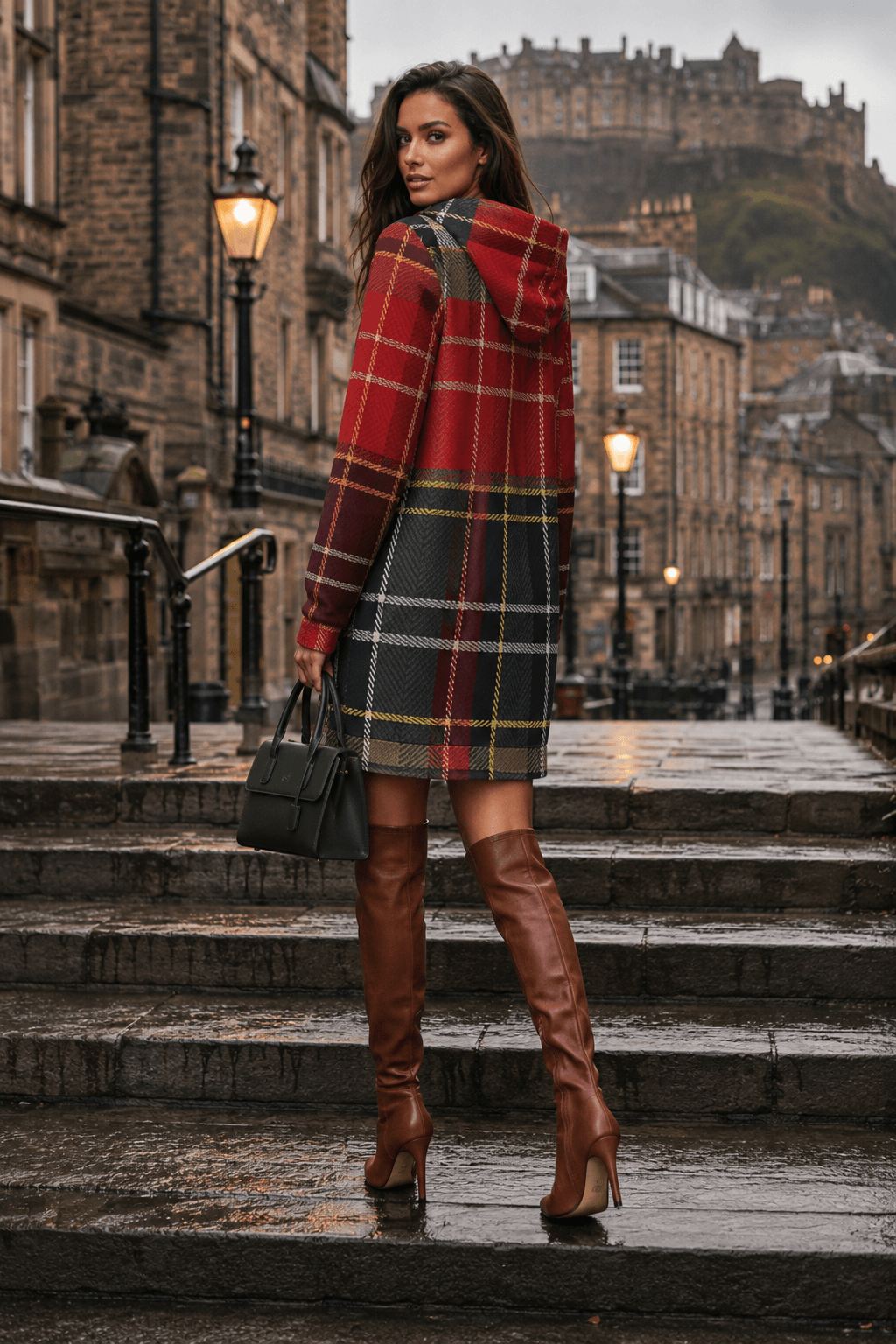 Tartan Chic hoodie dress in Red & Dark Grey stylish outfit with knee high boots elegant look
