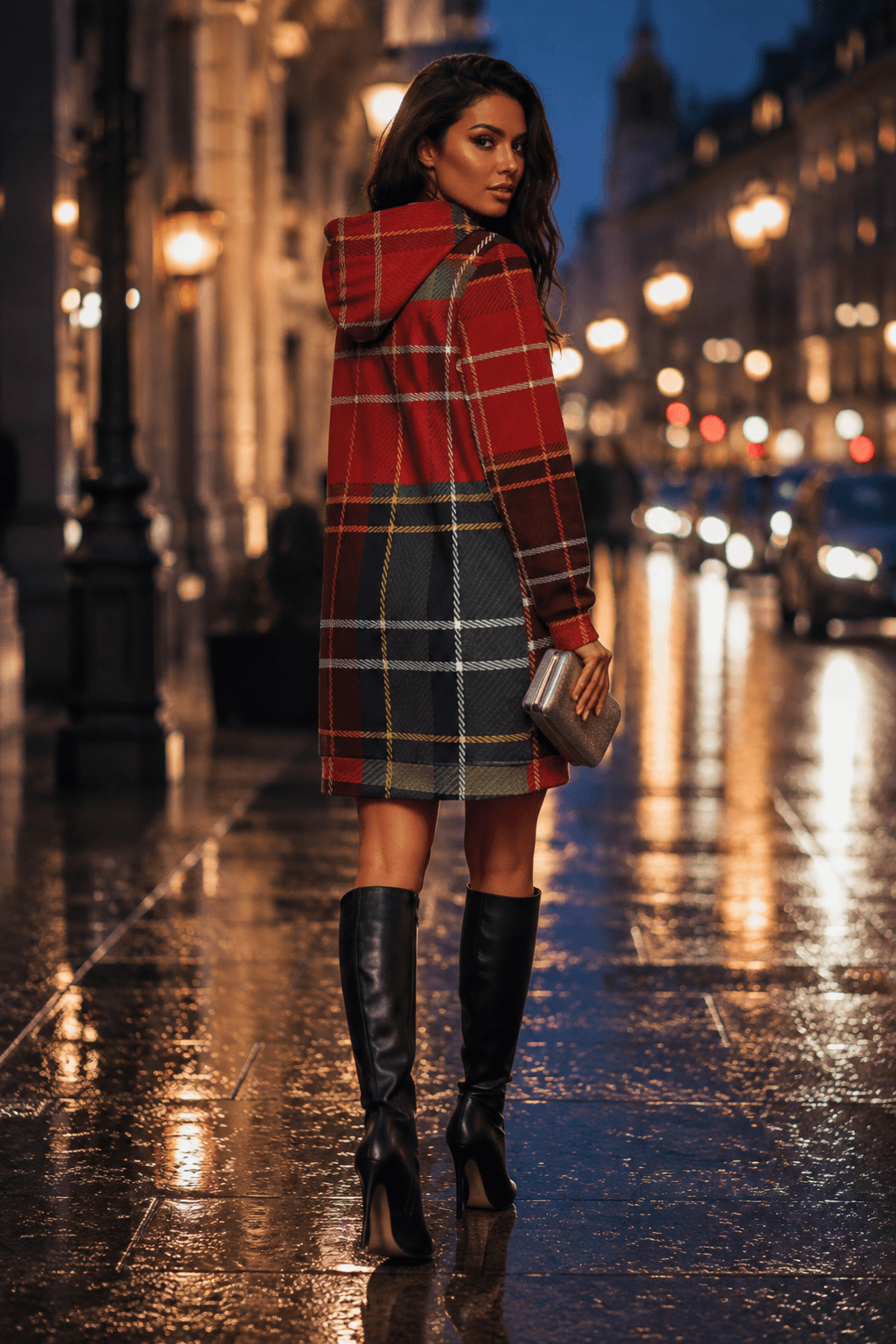 Tartan Chic hoodie dress in Red & Dark Grey stylish evening outfit with knee-high boots