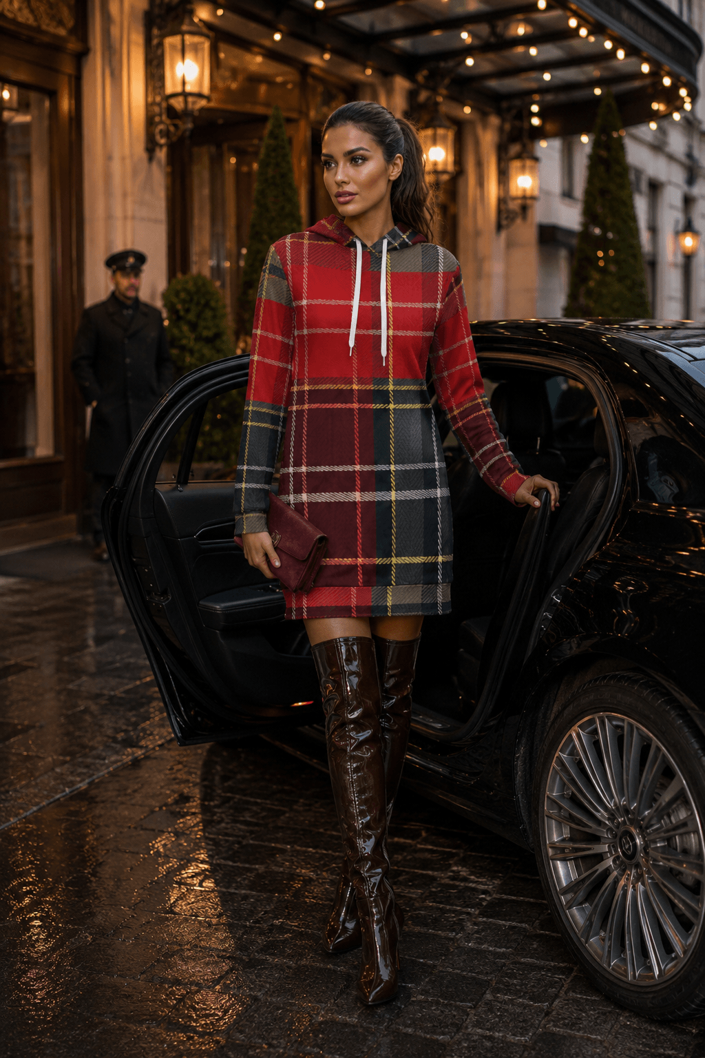 Tartan Chic Hoodie Dress in Red and Dark Grey Elegant Evening Outfit with Knee High Boots
