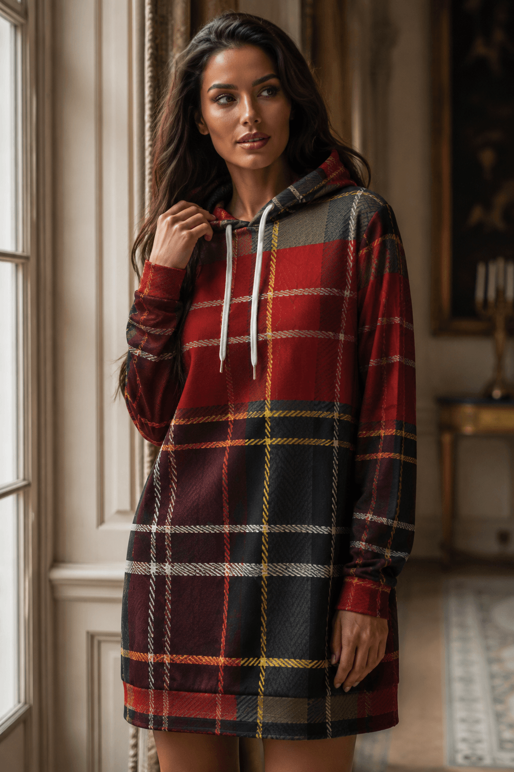 Tartan Chic Hoodie Dress in Red and Dark Grey Stylish Casual Outfit for Evening