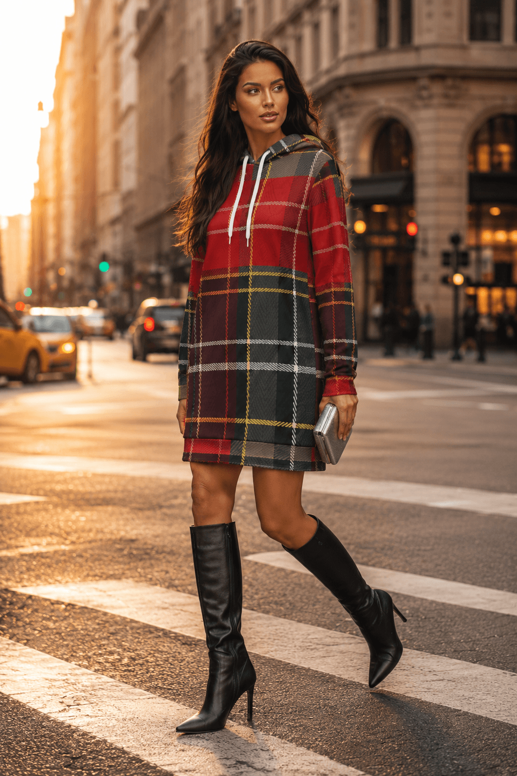 Tartan Chic hoodie dress in Red & Dark Grey stylish casual outfit with knee high boots