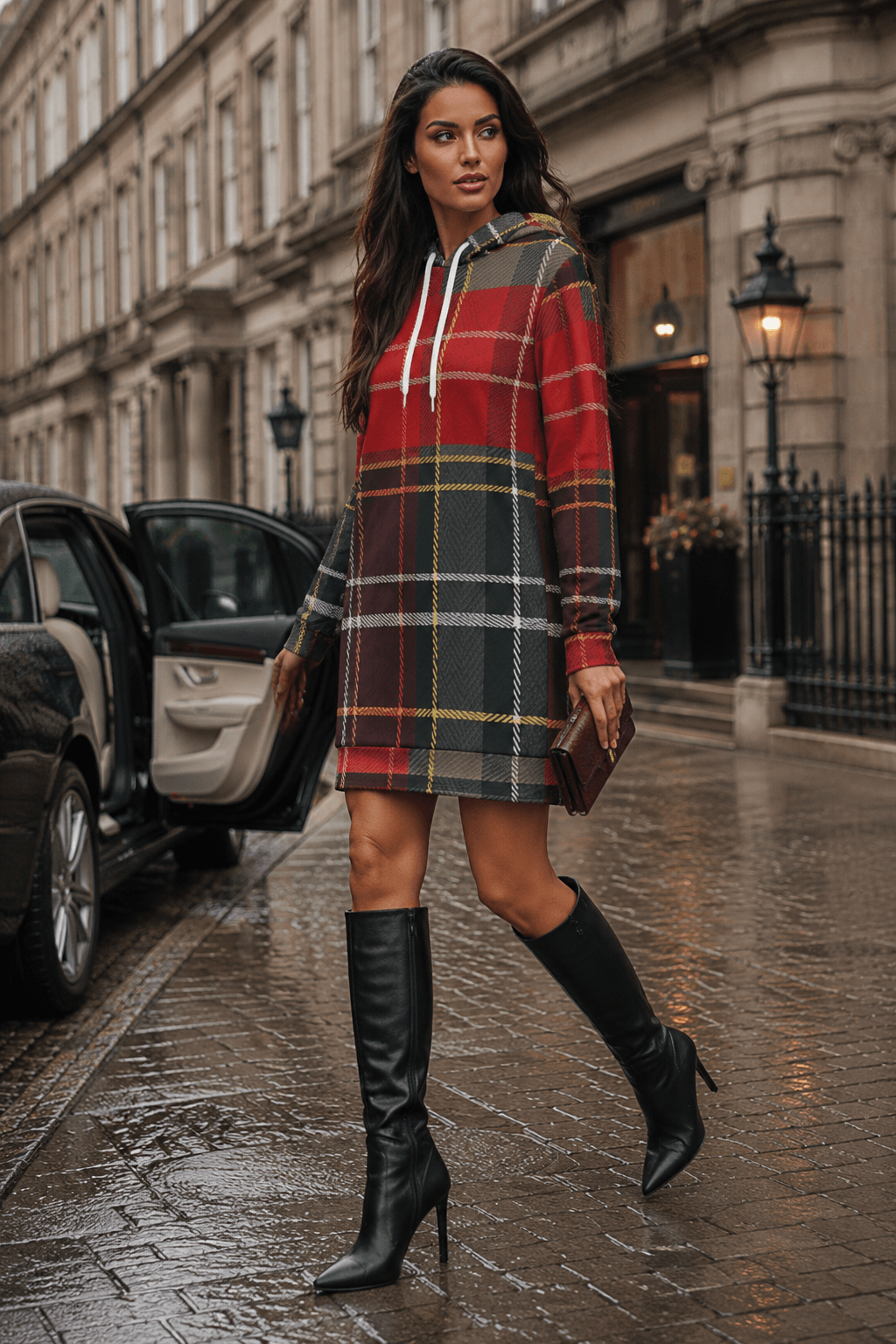 Tartan Chic hoodie dress in Red & Dark Grey stylish outfit elegant evening wear