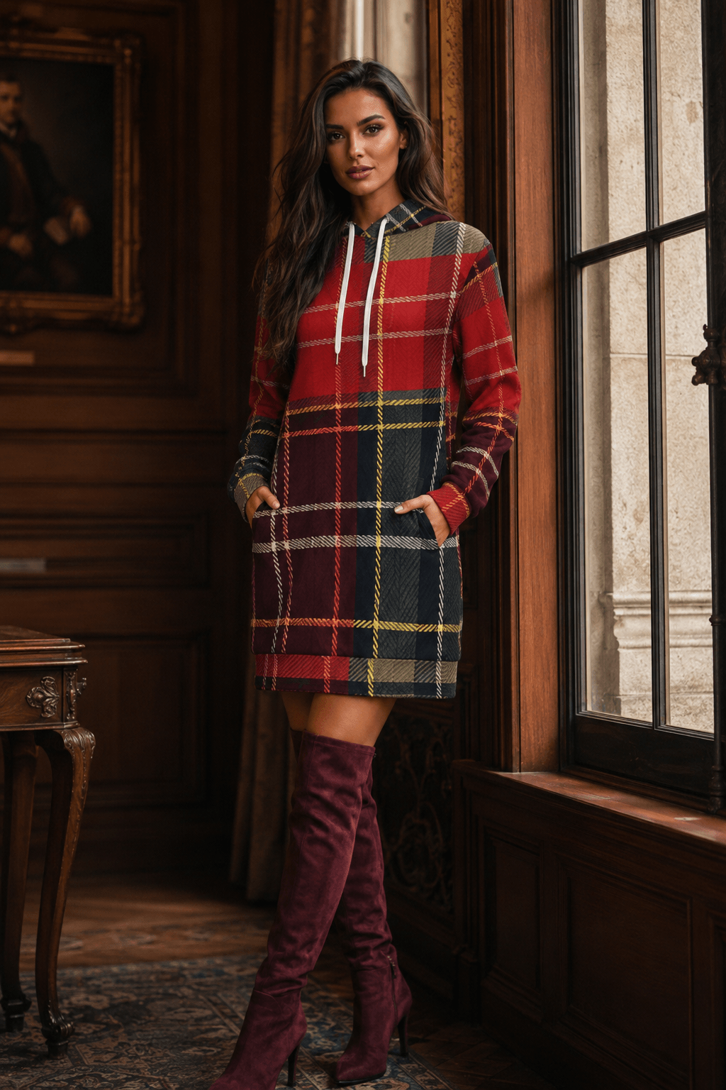 Tartan Chic Hoodie Dress in Red & Dark Grey stylish outfit for elegant evening wear