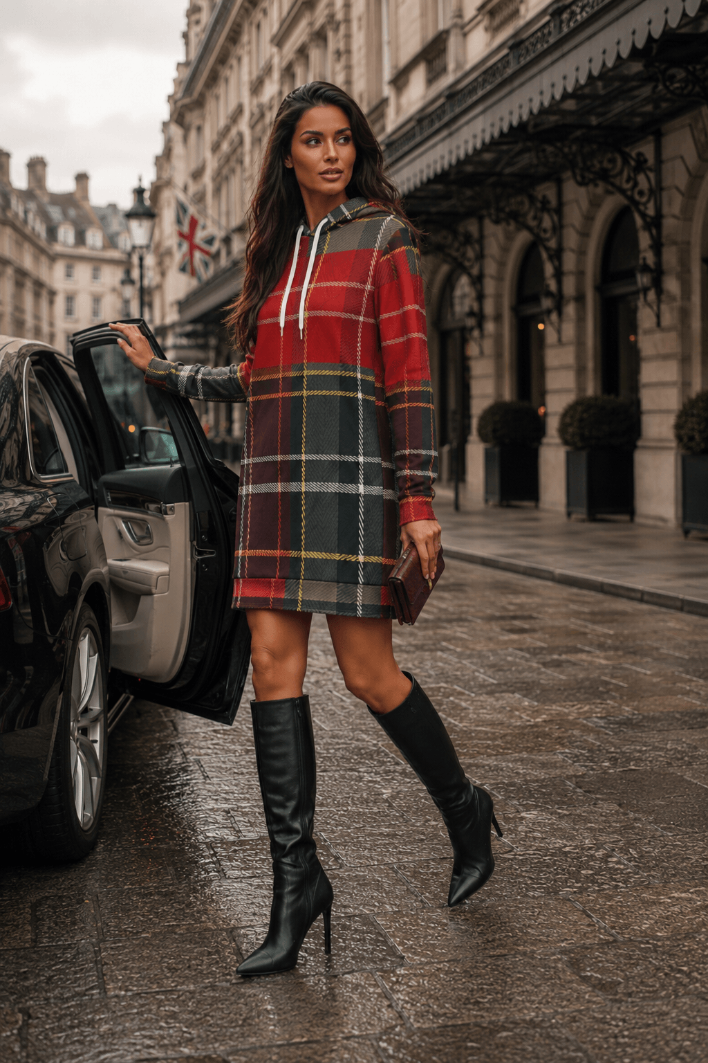 Tartan Chic hoodie dress in Red & Dark Grey stylish outfit with knee high boots elegant evening look